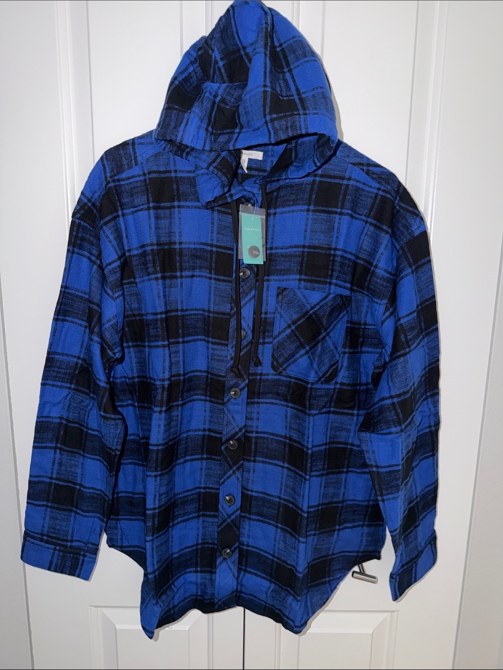 Maurices Blue and Black Plaid Hooded Button-Up Shirt